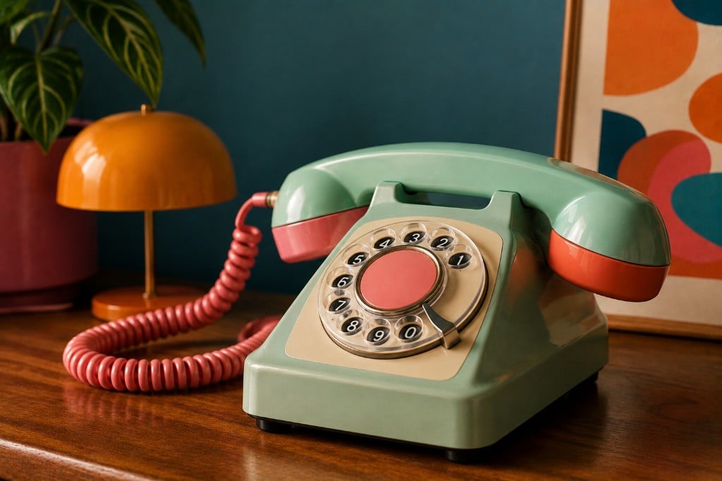 Telefono vintage a disco mint e corallo su tavolo in legno, con parete teal e lampada arancione